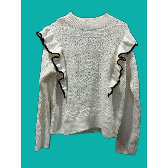 Marc New York Ruffle Shoulder Sweater M White Lace Knit Contrast Trim Pullover - Picture 1 of 5